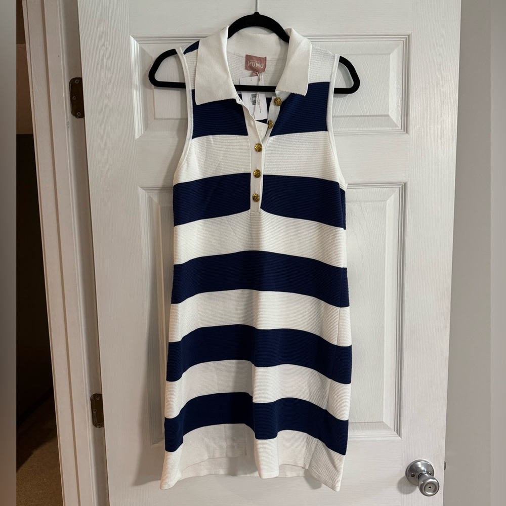 Show Me Your MuMu Zoe Button Sweater Dress Sailor Blue Stripe Knit - Picture 4 of 9